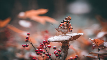 A butterfly rests on a mushroom cap, surrounded by berries and foliage. The image showcases warm, autumnal tones with a shallow depth of field, emphasizing the butterfly and mushroom. The composition suggests a natural outdoor setting with soft lighting, suitable for various editorial and commercial applications.の素材