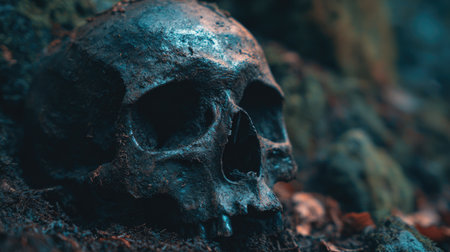 A close-up shot features a weathered human skull partially embedded in a bed of moss and foliage. The skull displays a dark, textured surface, likely with signs of decomposition. The lighting is dim, casting shadows that enhance the depth and contrast. This image is suitable for editorial or commercial uses related to themes of mortality, history, or horror.の素材