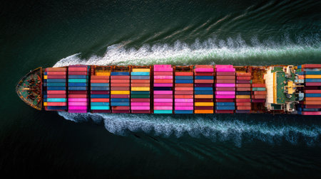 An aerial view presents a cargo ship navigating ocean waters. The vessel is laden with numerous shipping containers in vibrant hues. The composition features the ship's wake. This image could be used in various commercial applications involving shipping, logistics, and global trade.の素材