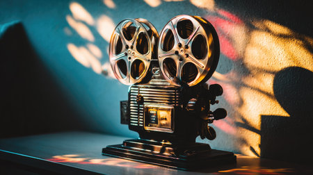 A classic film projector is presented against a backdrop of deep shadows and colorful light patterns. The metallic equipment, showcasing its reels, appears to be indoors. The warm tones contrast with the cool environment. This imagery is suitable for various creative or commercial projects related to cinema and visual arts.の素材