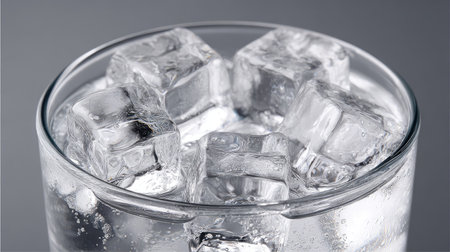 A transparent glass is filled with multiple ice cubes, showcasing a close-up perspective. The composition highlights the sharp angles and crystalline structure of the ice against a gradient background. The image evokes refreshment and coolness, suitable for illustrating various concepts and designs.の素材