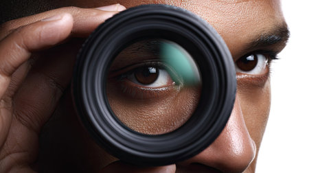 This image showcases a person's eye framed by a camera lens, set against a clean white backdrop. The composition is a close-up, highlighting the eye's detail and the lens's circular form. The lighting is bright and even, casting minimal shadows. Suitable for various visual communication projects, including advertising or educational materials.の素材