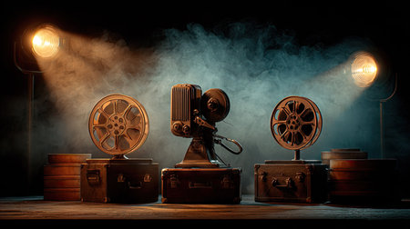 An antique film camera and two reels are centrally positioned. The composition features warm spotlights against a dark, smoky backdrop. The scene evokes a vintage aesthetic with its muted color palette, suggestive of entertainment or cinematic production. It is suitable for diverse commercial applications.の素材