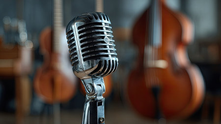 A close-up captures a retro microphone, its silver finish gleaming. Blurred in the background are string instruments, suggesting a musical setting. The image uses shallow depth of field, focusing on the microphone. This photograph could be useful for music-related projects, audio production, and editorial content.の素材