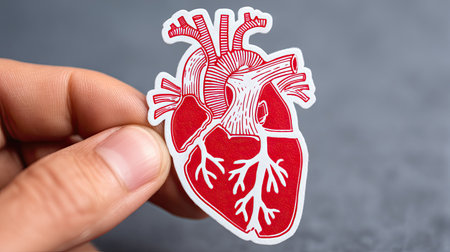 A hand holds a stylized illustration of a human heart, rendered in red and white against a neutral backdrop. The anatomical representation exhibits detailed lines and a flat design. Ideal for medical or educational contexts, this image could be used for healthcare publications and design projects.の素材