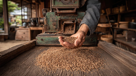 A close-up shot captures a hand holding a handful of grain near an old grinding machine. The scene features warm tones, with the hand and grain in focus. A wooden surface and the machine's details provide texture. This image could be used for agricultural, historical, or artisanal themes.の素材