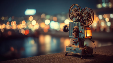 A classic film projector is featured prominently, showcasing intricate details and a warm light source. The composition highlights the projector's mechanical components with a blurred, colorful bokeh background suggesting an urban environment at dusk. This image is suitable for various commercial uses, including artistic representation and nostalgic themes.の素材