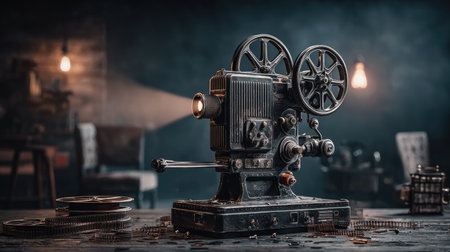 A classic film projector sits prominently on a wooden surface, casting a beam of light. The image displays a detailed metallic texture and a rich, dark color palette with a shallow depth of field. This vintage equipment suggests an indoor setting, possibly an old studio, suitable for media or entertainment-related content.の素材