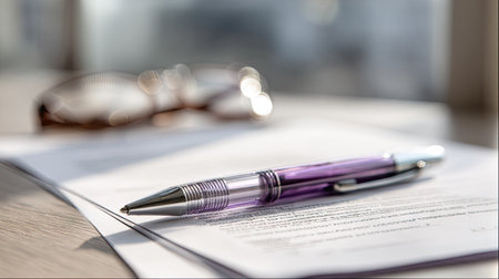 A close-up captures a pen resting on a paper document with an indistinct background that includes eyeglasses. The scene is illuminated by soft, natural light, creating shadows. This image is suitable for commercial applications, such as illustrating articles about business.の素材