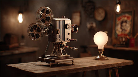 An antique film projector sits on a wooden surface beside an illuminated light bulb. The scene features a warm, inviting interior, bathed in soft lighting. The composition highlights classic cinema and creative design. Suitable for advertising, editorial, or illustrative applications.の素材