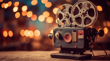 An antique film projector rests on a wooden surface against a blurred backdrop of warm, circular lights. The machine showcases intricate details in muted tones. The composition and lighting suggest a nostalgic, cinematic theme suitable for various visual communication projects. Its retro aesthetic offers possibilities for conceptual editorial and commercial uses.の素材