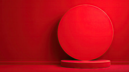 A striking visual featuring a vivid red sphere prominently displayed on a matching pedestal. The object is set against a solid red wall, creating a cohesive and minimalist composition. The smooth texture and even lighting suggest a studio environment, suitable for promotional or advertising purposes. This image may be used for various commercial projects.の素材