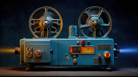 A close-up view presents a vintage film projector, showcasing its intricate mechanical components and reels. The device features a teal-colored body with metallic accents. Warm and cool lights emanate from the projector's lenses. This image could be used for illustrations about cinema, history, or media.の素材