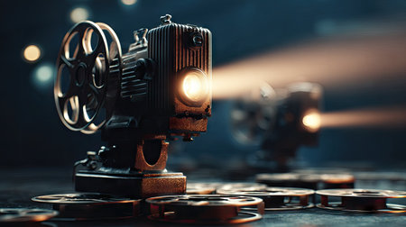 An antique film projector is the central subject, emitting a bright light. The image features warm tones and a shallow depth of field, with film reels scattered across the foreground. It evokes a cinematic atmosphere. Suitable for use in projects related to film, entertainment, or visual arts.の素材