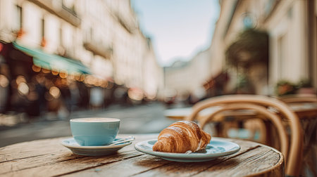 A close-up captures a cup of coffee and a croissant on a wooden table. The composition features soft lighting and a blurred street view in the background. The scene suggests a cafe setting, suitable for illustrating food, lifestyle, or travel themes, useful for editorial and commercial projects.の素材