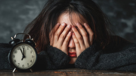A woman is shown with her hands covering her face next to an alarm clock. The image presents a moody aesthetic with a dark background and soft lighting. This potentially represents themes of stress, time constraints, or emotional distress. Suitable for use in various editorial or commercial projects.の素材