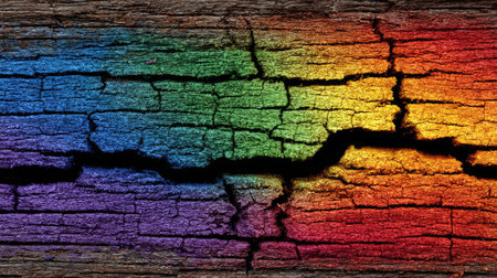 A close-up view presents a wooden plank featuring a vibrant rainbow color gradient. A deep crack runs across the wood, creating visual interest. The artwork showcases textured wood grain. This image is suitable for various commercial purposes, including representing concepts such as equality, diversity, or social progress.の素材