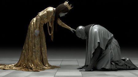 A woman in a golden gown and crown gently touches the head of a kneeling person. The subjects are positioned in a dark environment with a neutral background. The lighting creates strong contrast and highlights the textures of the clothing. Suitable for editorial illustrations, historical narratives, or conceptual designs.の素材