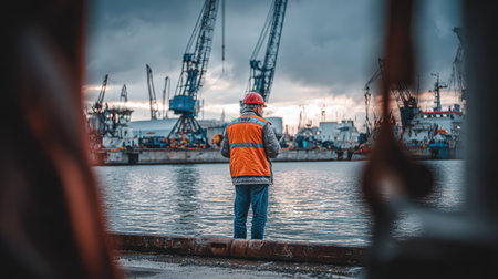 A worker in an orange vest and helmet stands near water, observing industrial machinery. The scene features a cool color palette with muted blues and grays, with pops of orange. The composition highlights a cloudy sky, suggesting an outdoor environment. This image could be suitable for commercial and editorial applications.の素材