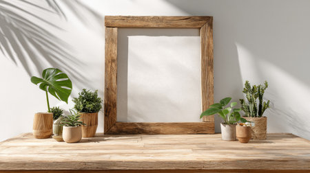 A wooden frame sits on a rustic wooden table surrounded by potted plants. Sunlight casts shadows from foliage onto a clean white wall. The scene is illuminated by soft natural light. This setup could be used for various purposes including interior design concepts, product displays, or artistic presentations.の素材