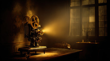 An antique film projector stands on a wooden table, emitting a beam of light. The scene is illuminated by the projector's warm glow against a dark backdrop. The composition is likely set indoors, potentially in a theater or studio. This image could be suitable for various commercial or editorial uses related to cinema, technology or history.の素材