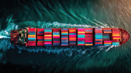 An overhead view shows a cargo ship loaded with colorful containers sailing on a textured sea. The vessel moves across the water, creating wakes. Natural lighting illuminates the scene. This image could be used for illustrating concepts related to logistics, transport, or international trade.の素材