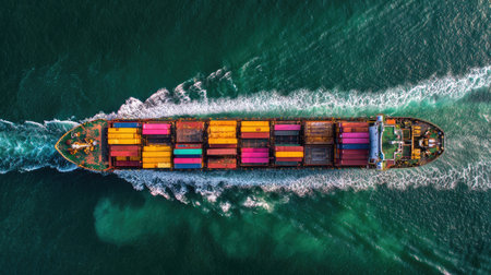 An overhead view displays a cargo ship navigating ocean waters, its deck laden with vividly colored containers. The scene presents a contrast of sharp lines and curved wakes, the ship's body and the sea. The image is suitable for illustrating global trade, logistics, and shipping concepts, applicable in various commercial contexts.の素材