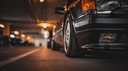 An image showcases a close-up of a classic black car's front, highlighting its wheel and headlights. The scene takes place within a dim, underground parking garage, indicated by the concrete floor and soft lighting. This photograph could be utilized for various commercial projects related to automotive or urban themes.の素材