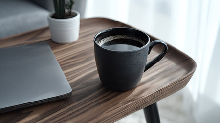 A close-up captures a black coffee cup set on a wooden tray alongside a laptop and a small potted plant. The image displays a natural wooden texture with a soft focus background. The composition suggests a relaxed interior setting, perhaps a workspace. Suitable for various commercial and editorial applications.の素材