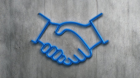 A blue outline of two hands shaking, symbolizing a deal or agreement, is displayed against a textured gray background. The simple illustration conveys concepts of collaboration and teamwork. The image's lighting enhances the three-dimensional effect. Suitable for use in visual communications, business presentations, and commercial applications.の素材