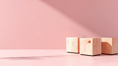 Three wooden cubes are arranged on a light pink surface against a matching wall. The image showcases natural wood texture, casting shadows and sunlight across the scene. The composition is minimalistic, suitable for product presentation or display. This image is suitable for various commercial uses.の素材