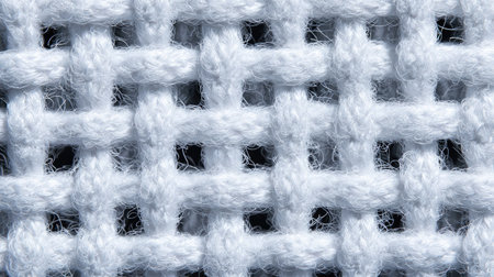 This close-up showcases a tightly woven white fabric. The texture reveals a pattern of interwoven threads creating a grid-like structure. The lighting highlights the surface details and shadows within the weave. This image can be used as a design element or background in commercial and editorial projects.の素材
