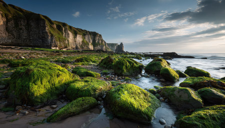 A coastal scene presents a rocky beach strewn with green moss-covered boulders. Cliffs rise in the background beneath a blue sky with scattered clouds. The composition utilizes natural lighting to illuminate the landscape. Suitable for use in various commercial and editorial contexts related to environment or travel.の素材