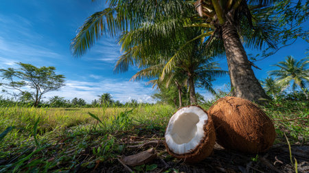 Two coconuts rest on the ground in a tropical environment, alongside palm trees. The image features lush greenery and a bright blue sky with sunlight. This outdoor scene presents a natural composition with potential for commercial applications or editorial use.の素材
