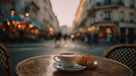 A close-up view presents coffee and a croissant on a table, with a street and buildings softly blurred in the background. Warm colors and soft lighting create an inviting atmosphere. This image could be used for various purposes, including promotional material or editorial content.の素材