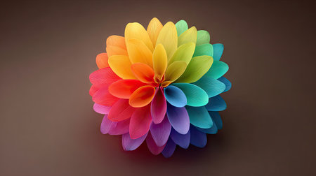 This image features a digitally created flower with petals in a rainbow of colors. The artwork displays a smooth, gradient effect with a radial composition, set against a solid brown background. The vibrant colors and clean design suggest suitability for various design and decorative applications.の素材