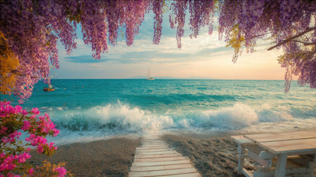 A scenic coastal view features a wooden pathway leading to the ocean. The image showcases vibrant turquoise water and crashing waves. Overhead, a frame of blooming purple flowers adds a touch of natural beauty. This photograph is ideal for travel, environmental, or decorative applications.の素材