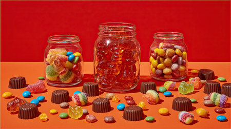 An assortment of candies and chocolates are arranged on an orange surface against a red backdrop. Three glass jars hold various sweets. The composition uses bright colors and detailed textures. This image may be suitable for advertising, packaging, or editorial content related to confectionery products or treats.の素材