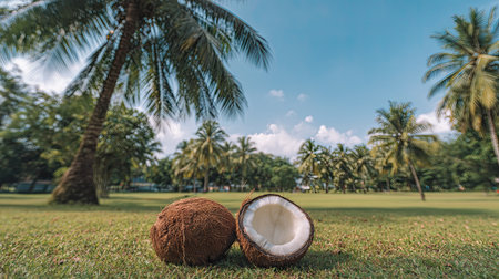 Two coconut halves rest on green grass, set against a backdrop of numerous palm trees under a bright blue sky. The image features natural lighting and a wide angle. Suitable for various projects, it could be used for promoting food, travel or lifestyle.の素材