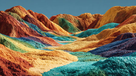 This image presents an abstract landscape composed of rolling hills. The artwork features a diverse range of warm and cool colors, with varied textures that create a unique visual experience. The composition and lighting enhance the sense of depth. Suitable for various creative projects and design needs.の素材