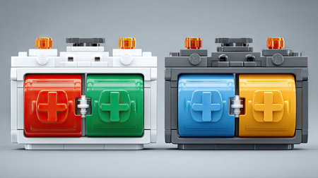 Two brick-built models of batteries are presented, showcasing a concept of power and energy. One is primarily white with red and green compartments, while the other is gray, featuring blue and yellow sections. The design is a playful representation, suitable for illustrating energy-related topics. Ideal for various commercial applications.の素材