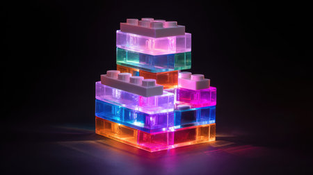 A stack of transparent, multi-colored building blocks is illuminated from within, creating a vibrant display. The composition features contrasting colors and textures, set against a dark backdrop. The overall effect suggests themes of creativity, construction, and design, with potential applications in advertising and product promotion.の素材