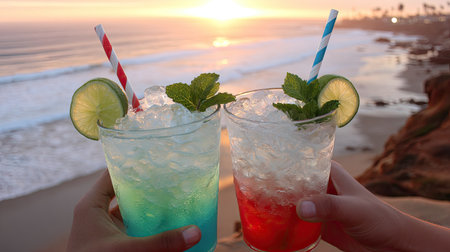 Two refreshing cocktails are held up against a beautiful sunset view over the ocean. The drinks, with lime wedges and mint leaves, feature colorful liquids and ice. The scene, bathed in warm light, suggests a relaxing, scenic location suitable for various promotional and advertising purposes.の素材
