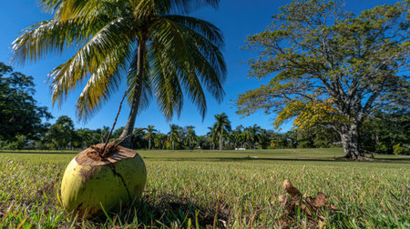 A close-up view of a coconut rests on a grassy field, with a palm tree casting a shadow. The scene includes green grass, and other trees under a clear blue sky. This landscape could be used in various commercial projects or editorial contexts.の素材