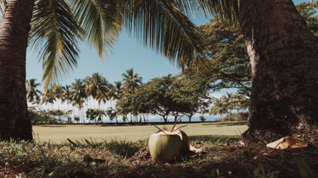 A fresh coconut rests on the grass near the base of a palm tree in this natural outdoor scene. The composition features a variety of palm trees and other greenery against a clear blue sky. This image is suitable for various commercial purposes, including travel and lifestyle content.の素材