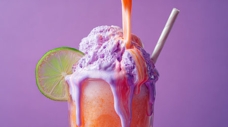 An ice cream drink with colorful syrup cascading down a glass, a lime slice, and a straw, set against a solid purple background. The composition features a close-up perspective, highlighting textures and vibrant colors. The image suggests potential use in advertising, promotional materials, or editorial contexts.の素材