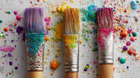 Close-up of several paintbrushes displayed with vibrant, splattered paint, showing a range of colors and textures. The composition features an overhead view with visible bristles and wooden handles against a neutral background, highlighting the artistic process. Suitable for various applications related to art, creativity, and design.の素材