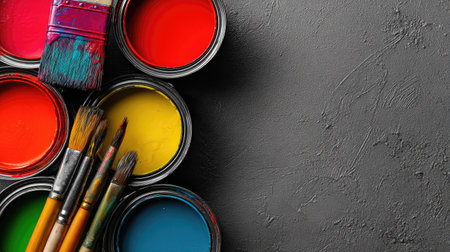 An overhead shot showcases open paint cans filled with vibrant colors. Paintbrushes rest near the cans, suggesting the activity of painting. The composition includes red, yellow, and blue hues. The image has a studio lighting, and a textured grey backdrop. It could be used in advertising or educational materials.の素材