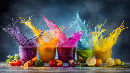 A vibrant image depicts multiple glasses of juice in various colors, showcasing a dynamic splash effect. The composition includes an assortment of fruits and vegetables. The scene is brightly lit with a dark background. This image is suitable for various commercial uses related to health, nutrition, and beverages.の素材