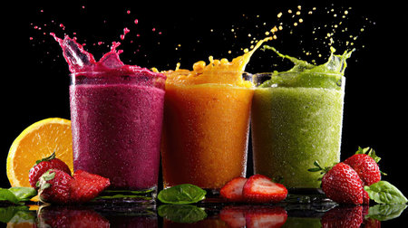 Three vibrant smoothies splash upwards from clear glasses. The drinks display colors of red, orange, and green against a dark backdrop. Fresh fruit including strawberries and an orange segment are arranged around the glasses. This image is suitable for advertising, food blogs, or health-related publications.の素材